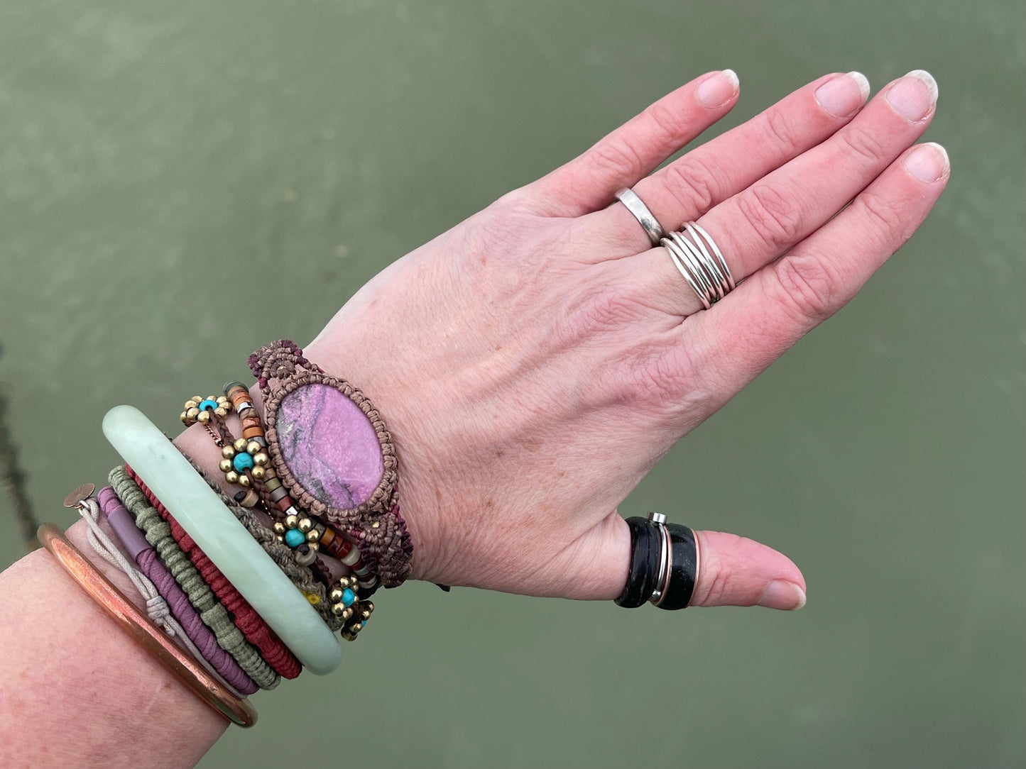 Stunning Cobaltoan Calcite bracelet, ethical jewellery, unusual jewellery, rhodochrosite jewellery. Pink macrame bracelet. Boho jewellery.