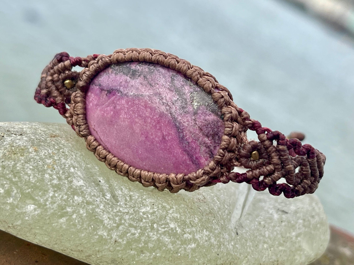 Stunning Cobaltoan Calcite bracelet, ethical jewellery, unusual jewellery, rhodochrosite jewellery. Pink macrame bracelet. Boho jewellery.