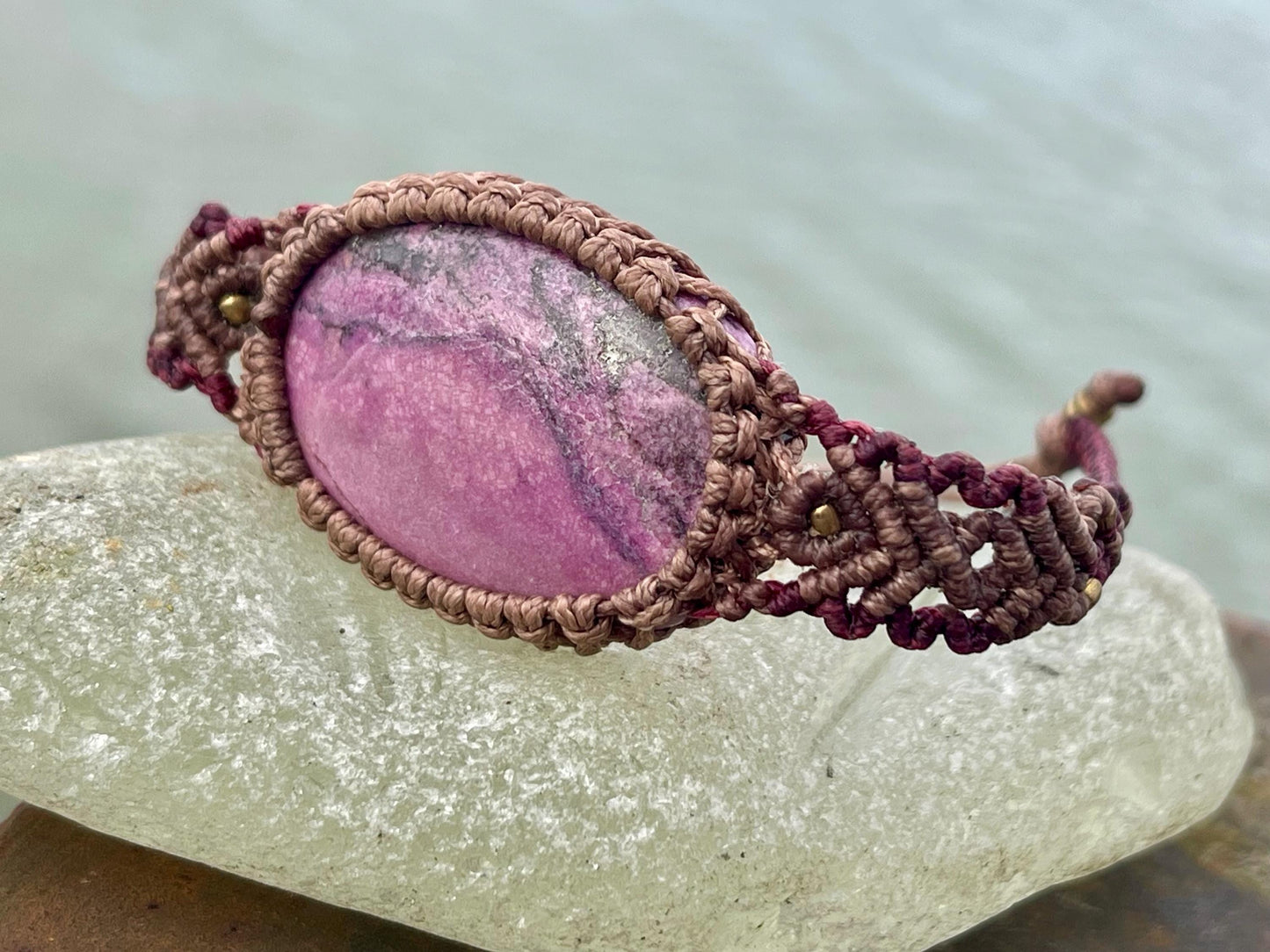 Stunning Cobaltoan Calcite bracelet, ethical jewellery, unusual jewellery, rhodochrosite jewellery. Pink macrame bracelet. Boho jewellery.