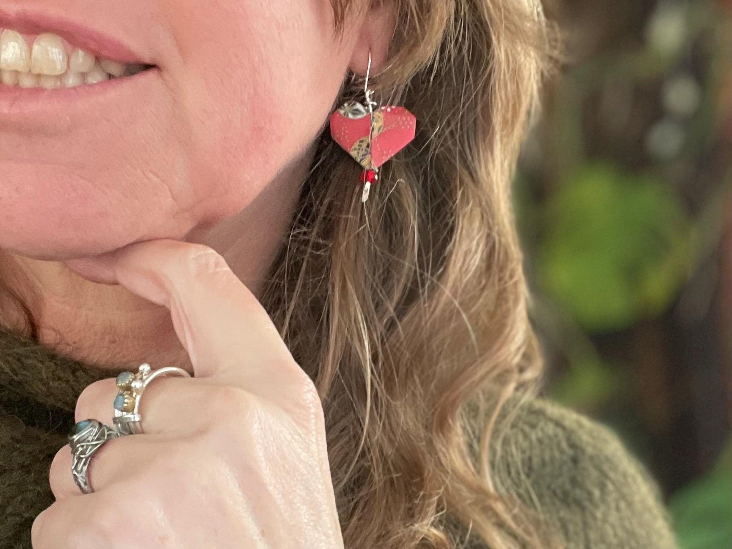 Heart origami earrings on recycled sterling silver. Eco friendly jewellery. Heart earrings. Handmade heart jewellery. Red hearts on silver