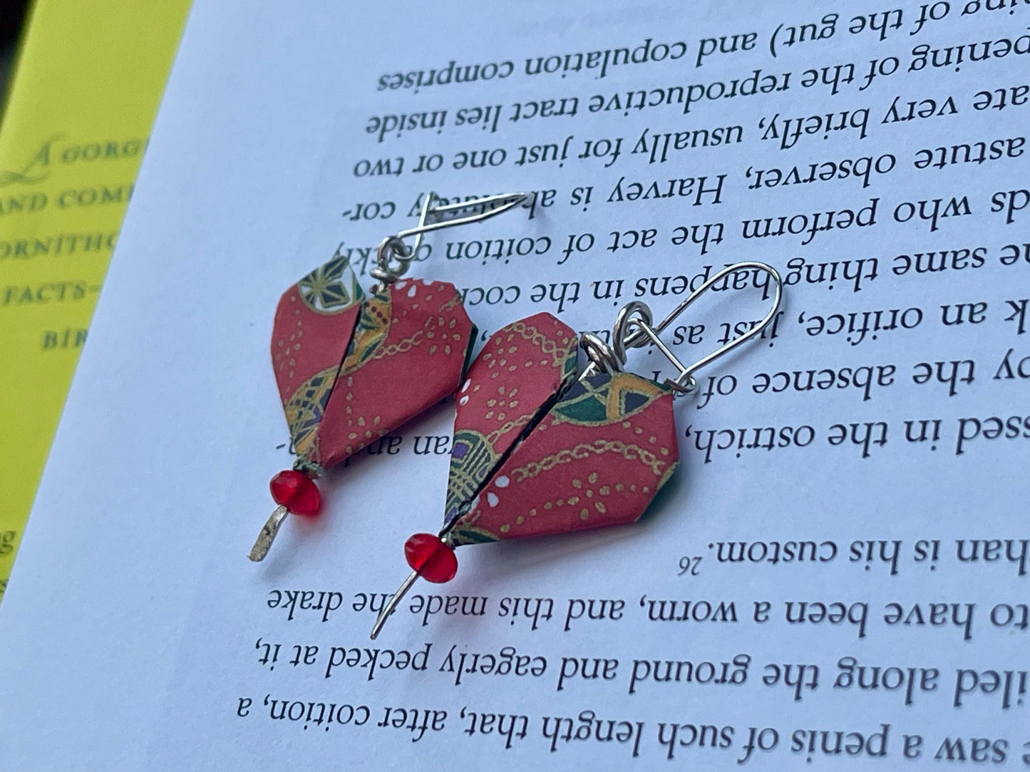 Heart origami earrings on recycled sterling silver. Eco friendly jewellery. Heart earrings. Handmade heart jewellery. Red hearts on silver