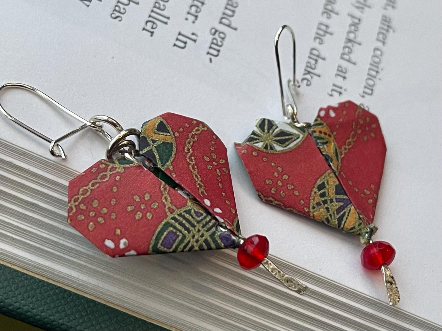 Heart origami earrings on recycled sterling silver. Eco friendly jewellery. Heart earrings. Handmade heart jewellery. Red hearts on silver
