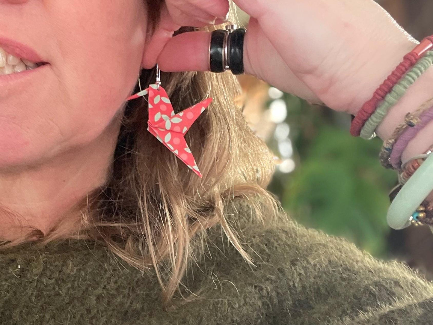 Bird origami earrings on recycled sterling silver. Eco friendly jewellery. Bird earrings. Handmade bird jewellery. Red birds on silver