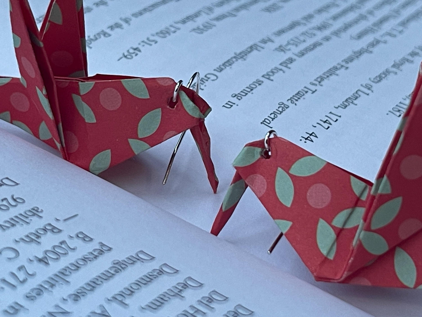 Bird origami earrings on recycled sterling silver. Eco friendly jewellery. Bird earrings. Handmade bird jewellery. Red birds on silver