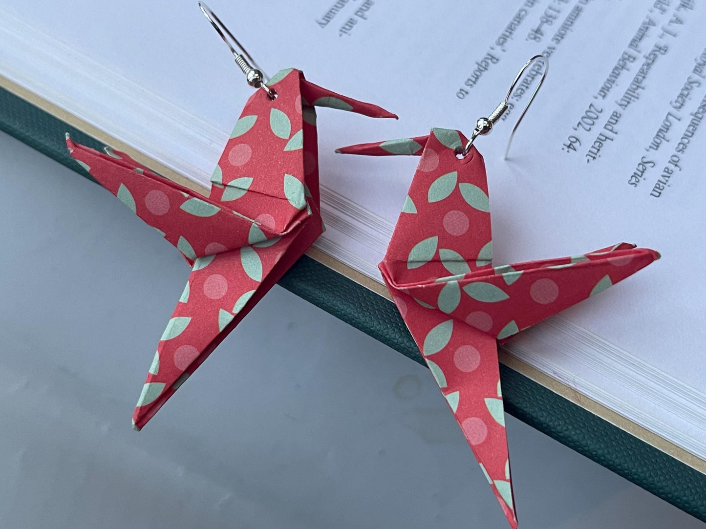 Bird origami earrings on recycled sterling silver. Eco friendly jewellery. Bird earrings. Handmade bird jewellery. Red birds on silver