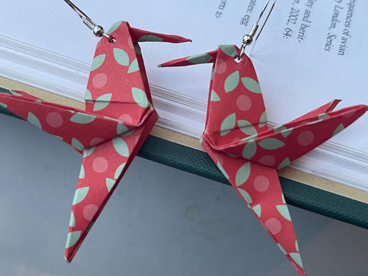 Bird origami earrings on recycled sterling silver. Eco friendly jewellery. Bird earrings. Handmade bird jewellery. Red birds on silver