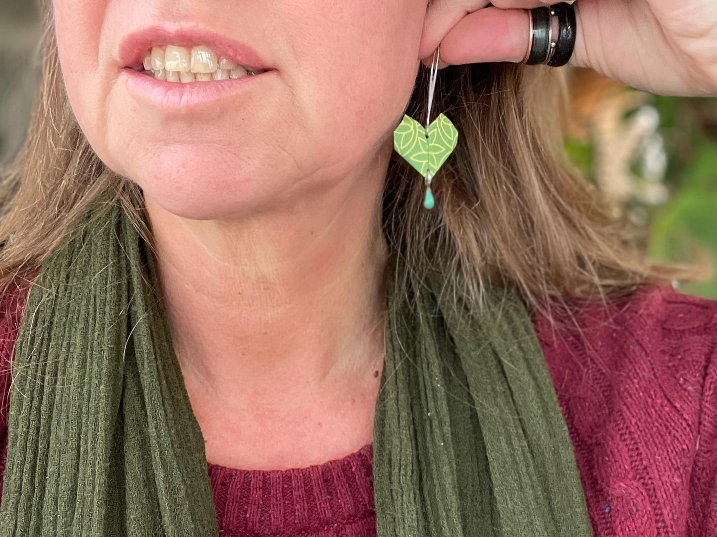 Heart origami earrings on recycled sterling silver. Eco friendly jewellery. Heart earrings. Handmade heart jewellery. Green hearts on silver