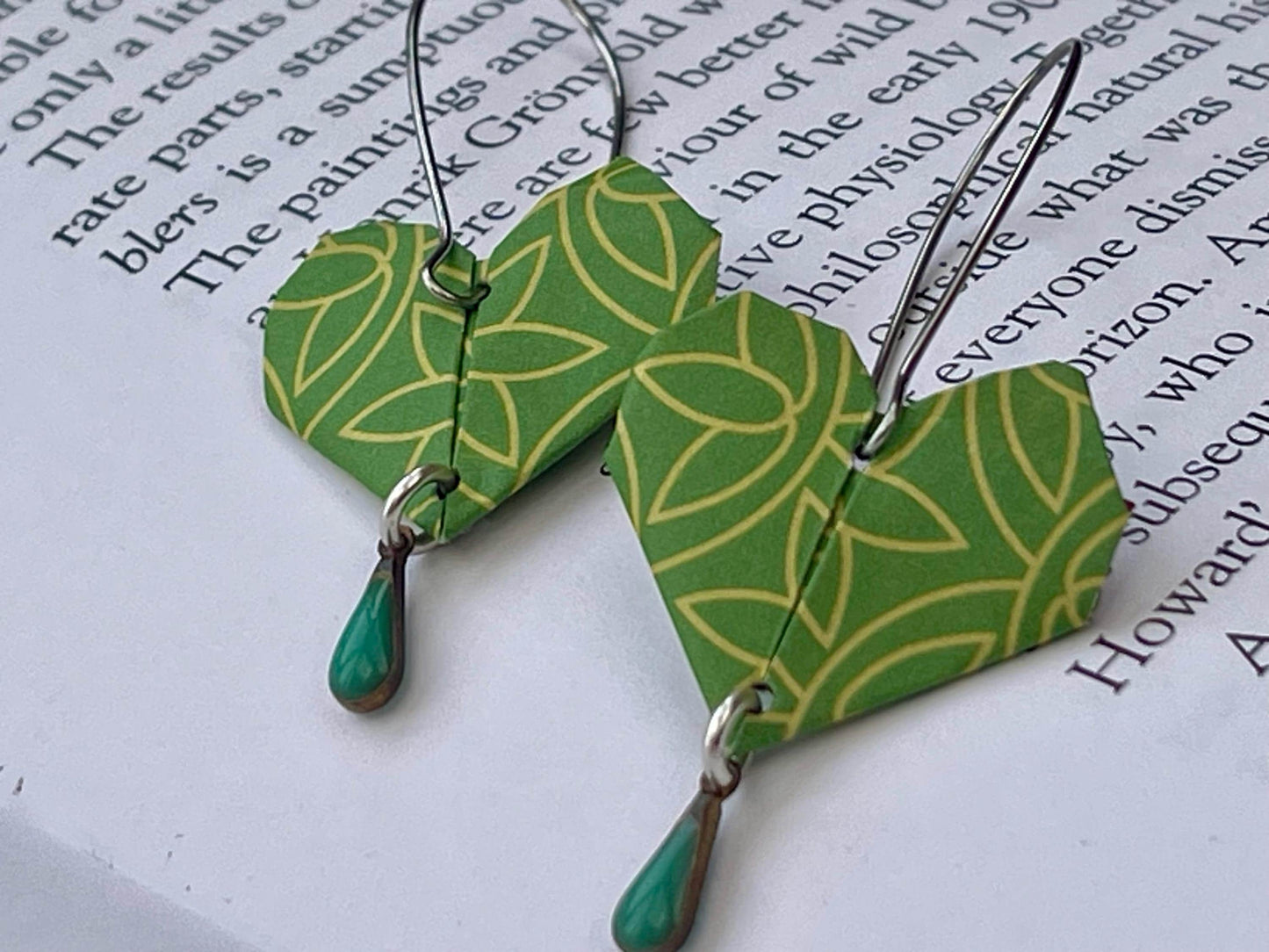 Heart origami earrings on recycled sterling silver. Eco friendly jewellery. Heart earrings. Handmade heart jewellery. Green hearts on silver