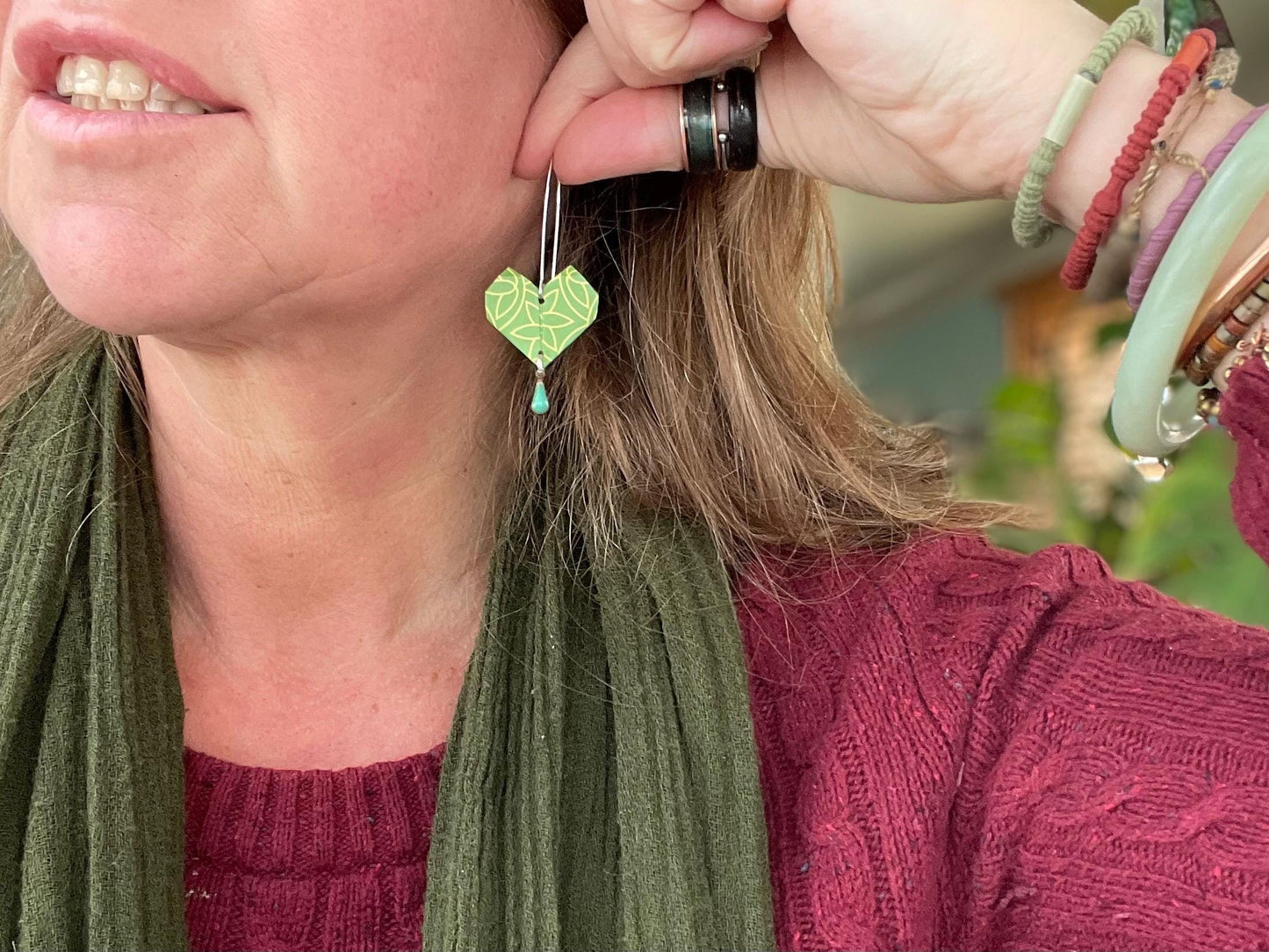 Heart origami earrings on recycled sterling silver. Eco friendly jewellery. Heart earrings. Handmade heart jewellery. Green hearts on silver