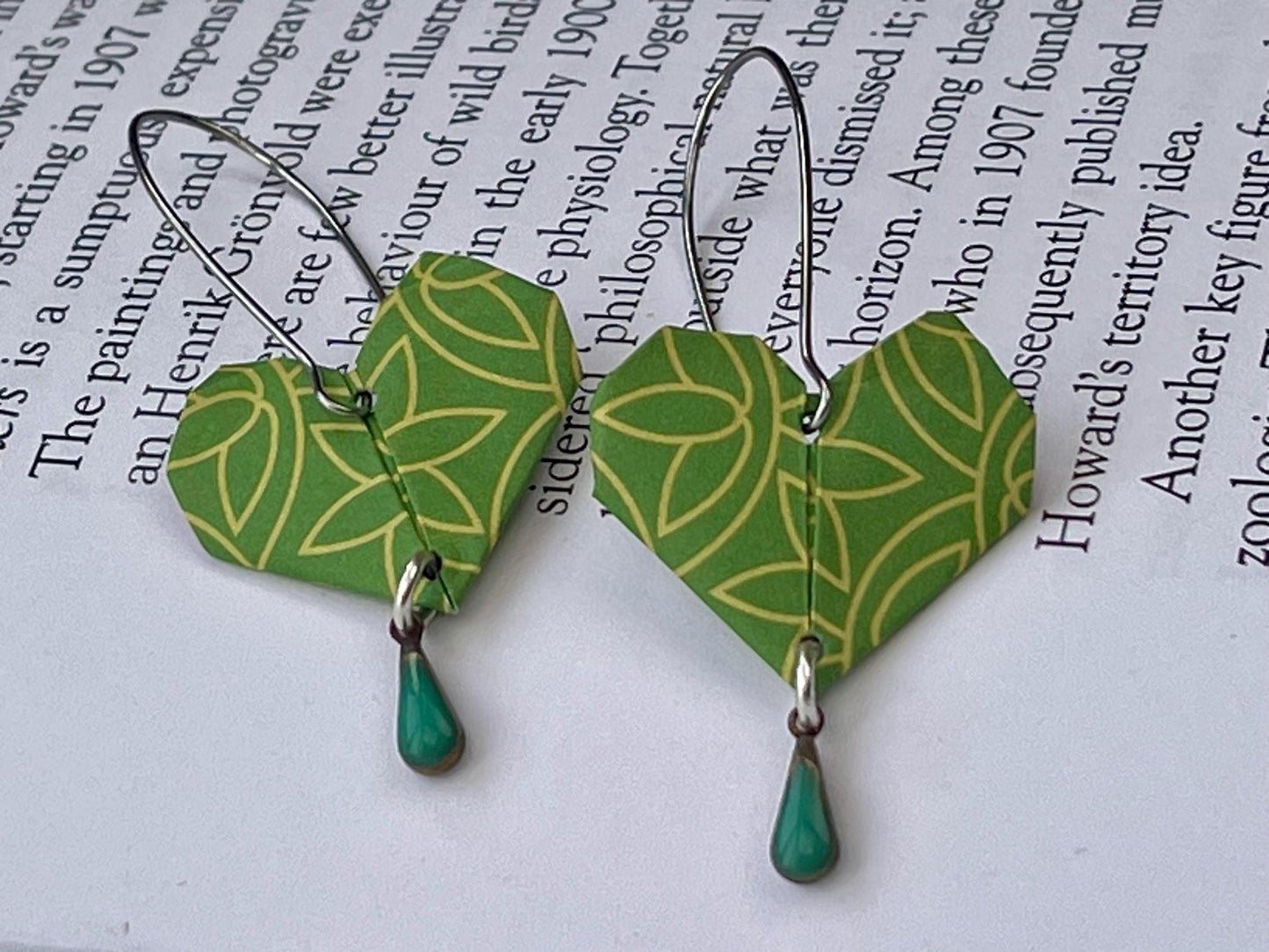 Heart origami earrings on recycled sterling silver. Eco friendly jewellery. Heart earrings. Handmade heart jewellery. Green hearts on silver