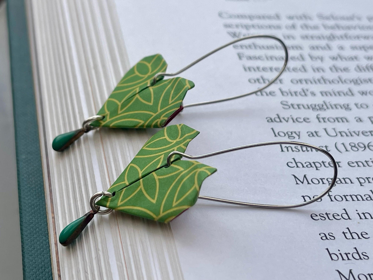 Heart origami earrings on recycled sterling silver. Eco friendly jewellery. Heart earrings. Handmade heart jewellery. Green hearts on silver