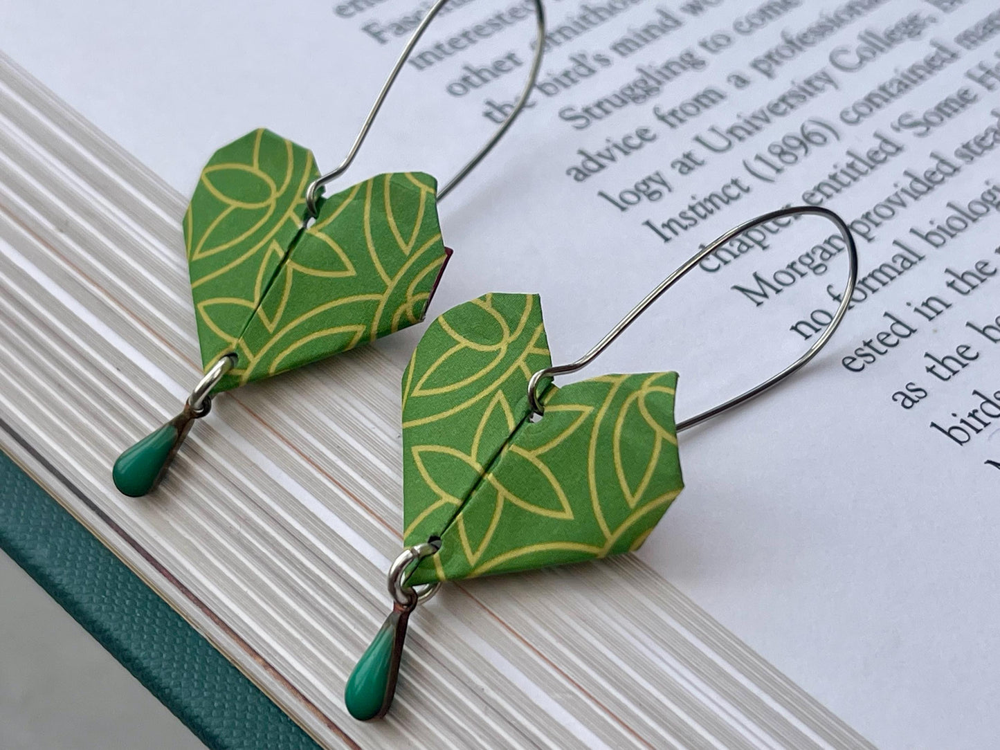Heart origami earrings on recycled sterling silver. Eco friendly jewellery. Heart earrings. Handmade heart jewellery. Green hearts on silver