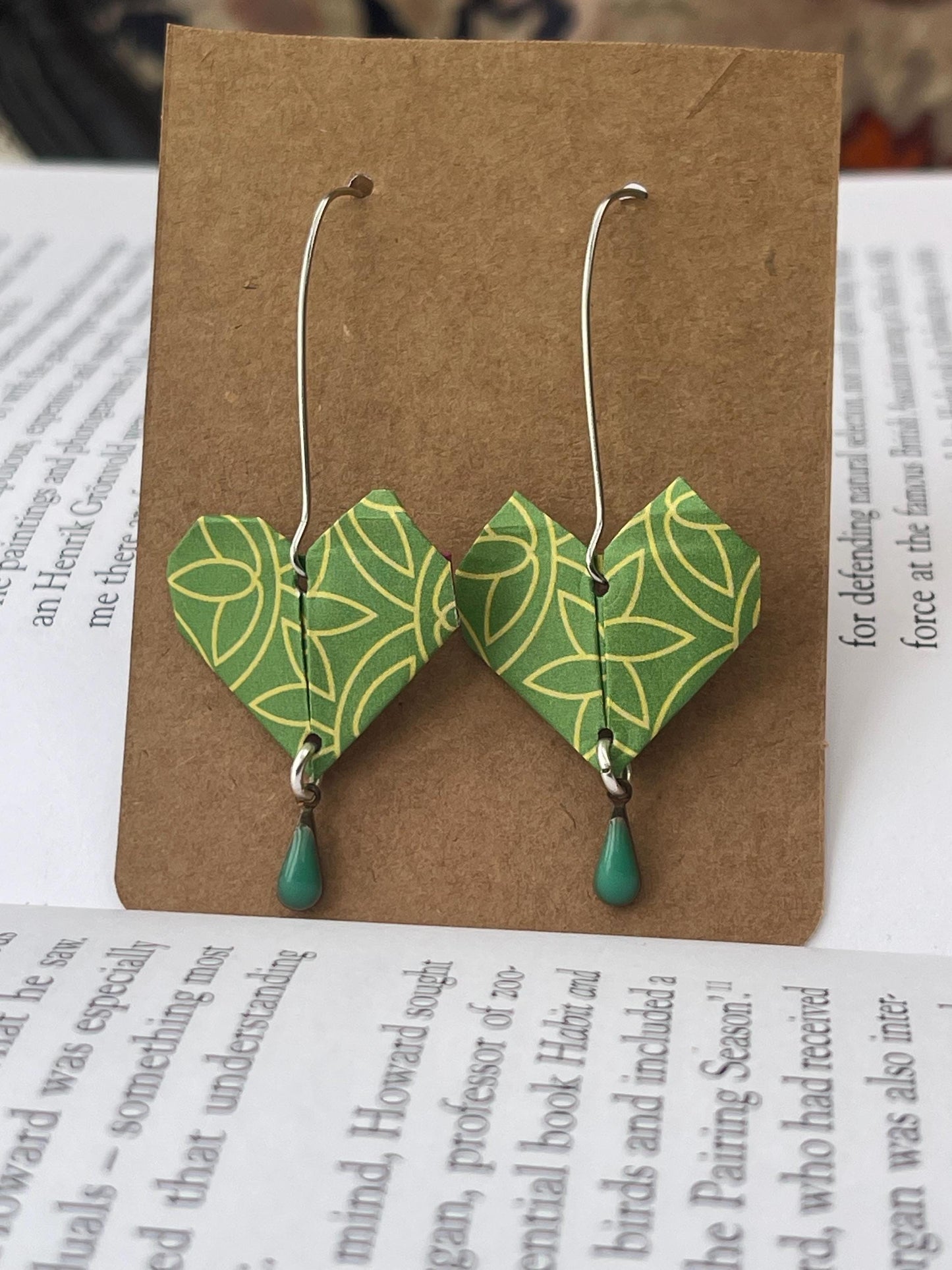 Heart origami earrings on recycled sterling silver. Eco friendly jewellery. Heart earrings. Handmade heart jewellery. Green hearts on silver