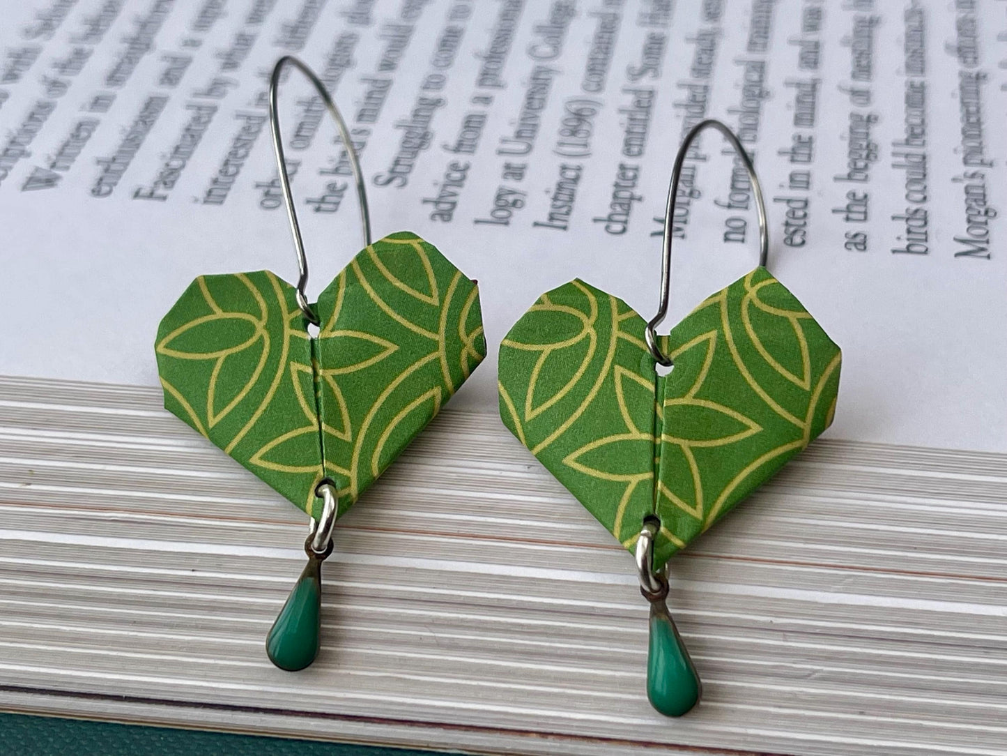 Heart origami earrings on recycled sterling silver. Eco friendly jewellery. Heart earrings. Handmade heart jewellery. Green hearts on silver