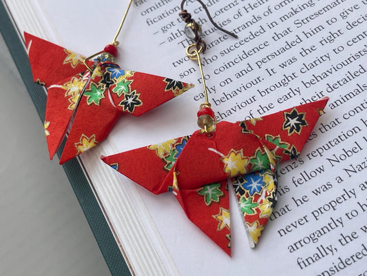 Butterfly origami earrings on recycled metals & vintage beading. Eco friendly jewellery. Butterfly earrings. Handmade butterfly jewellery.