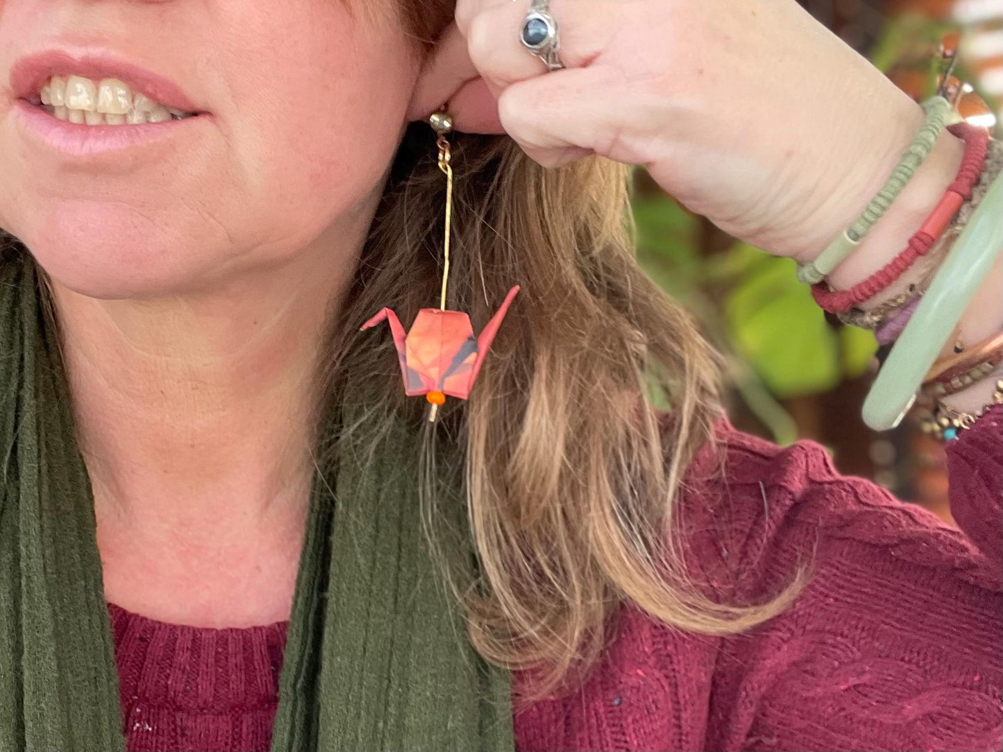 Bird origami earrings on recycled metals. Eco friendly jewellery. Bird earrings. Handmade bird jewellery. Red birds. Ethical jewellery.