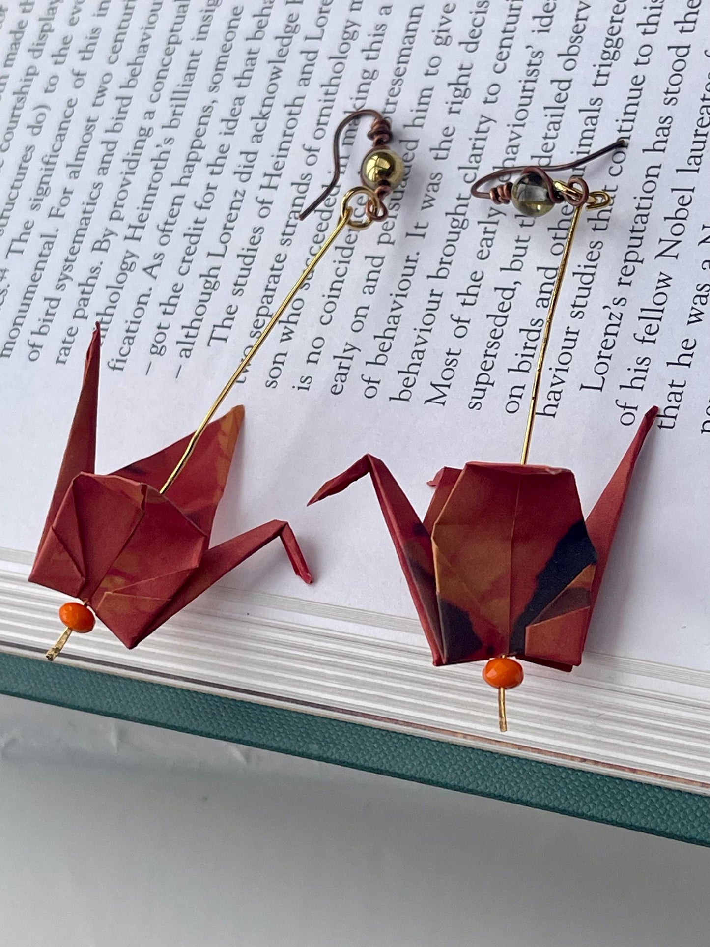 Bird origami earrings on recycled metals. Eco friendly jewellery. Bird earrings. Handmade bird jewellery. Red birds. Ethical jewellery.