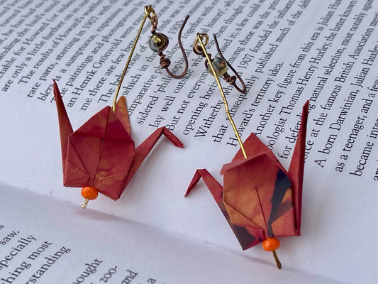 Bird origami earrings on recycled metals. Eco friendly jewellery. Bird earrings. Handmade bird jewellery. Red birds. Ethical jewellery.