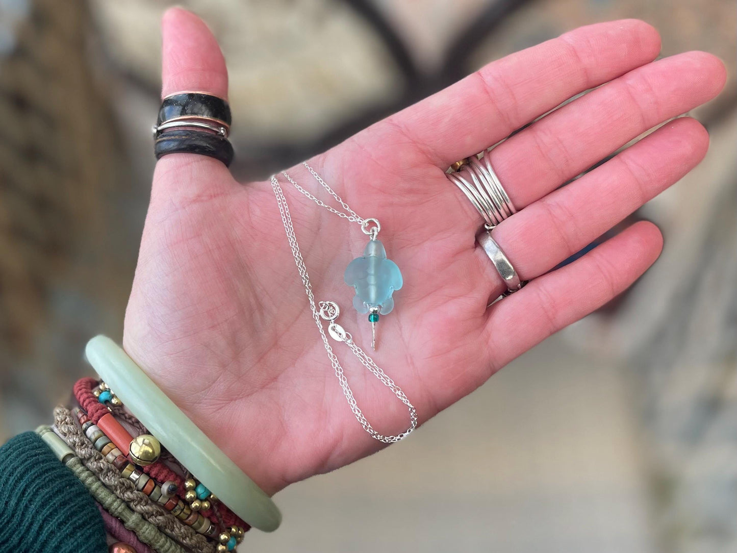 Eco friendly glass turtle necklace on a recycled sterling silver chain. Aqua turtle pendant. Eco friendly necklace, ethical jewellery.