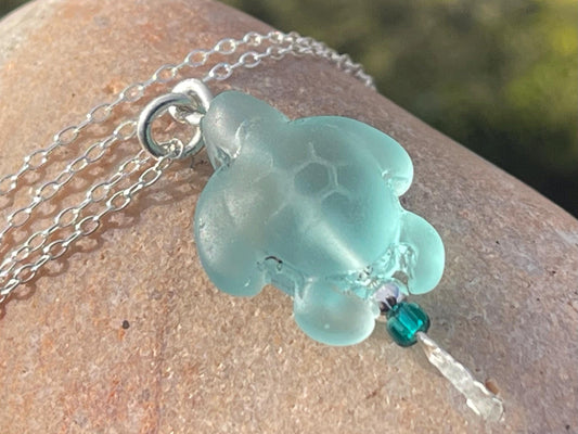 Eco friendly glass turtle necklace on a recycled sterling silver chain. Aqua turtle pendant. Eco friendly necklace, ethical jewellery.
