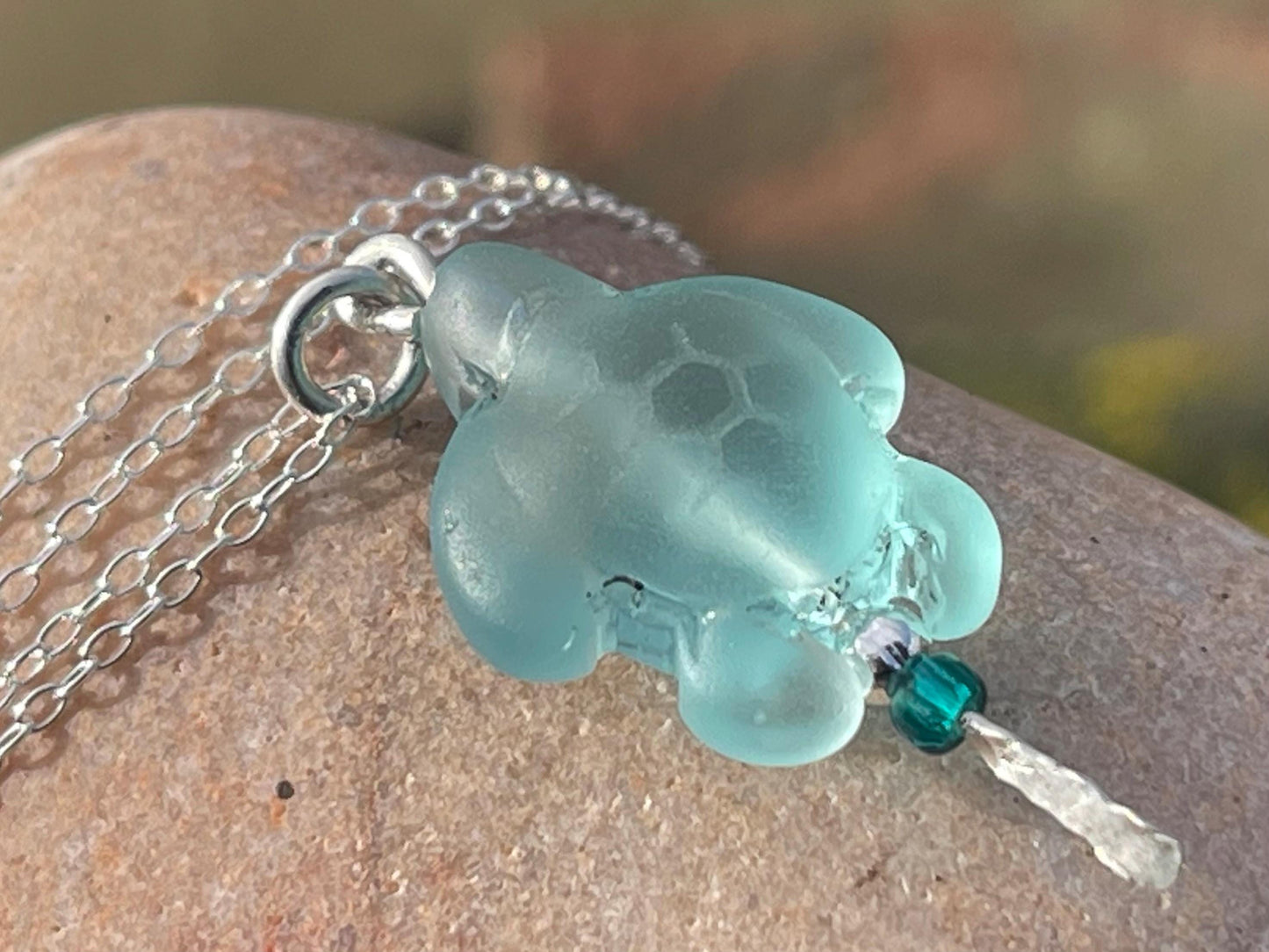 Eco friendly glass turtle necklace on a recycled sterling silver chain. Aqua turtle pendant. Eco friendly necklace, ethical jewellery.
