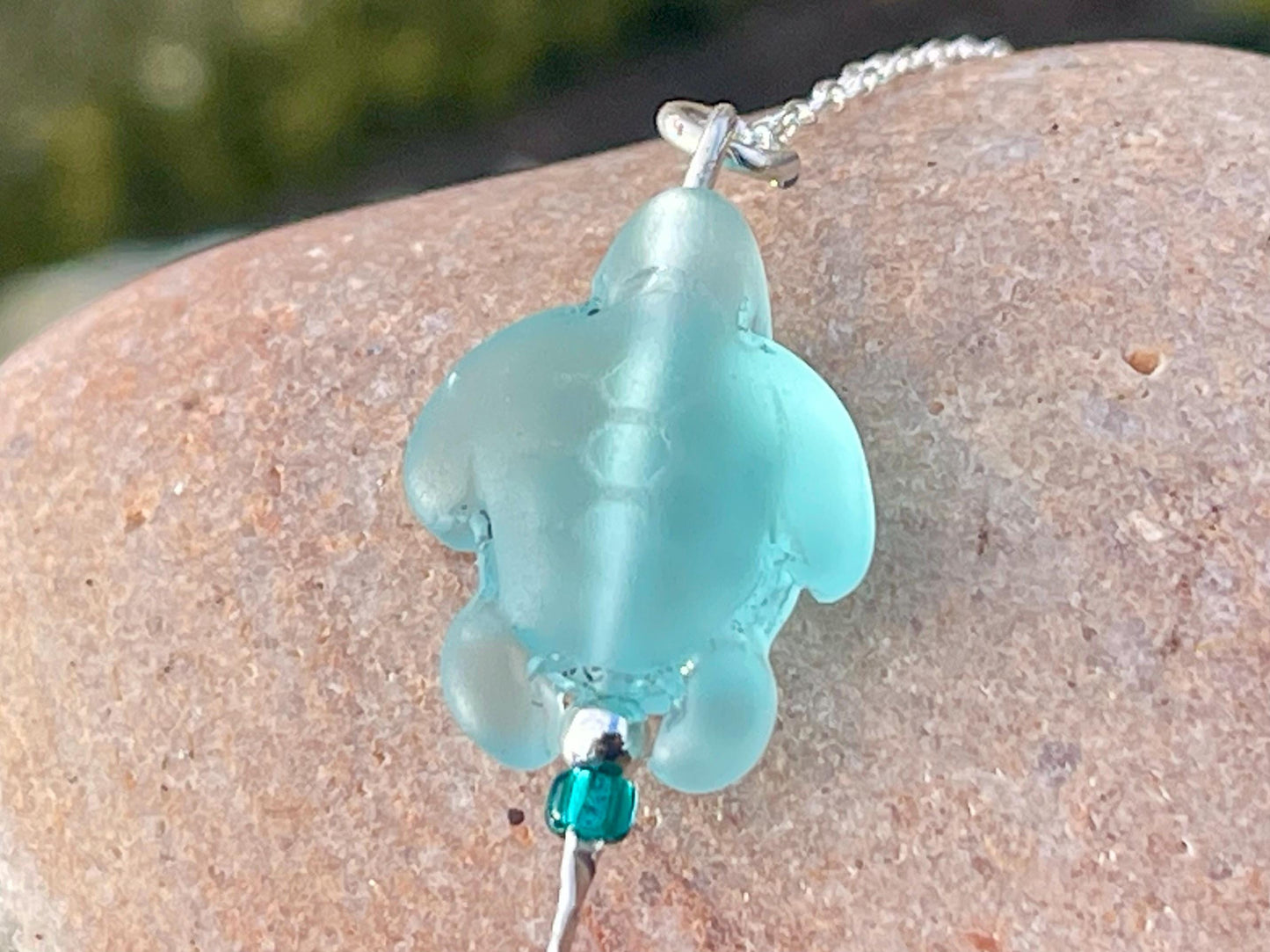 Eco friendly glass turtle necklace on a recycled sterling silver chain. Aqua turtle pendant. Eco friendly necklace, ethical jewellery.