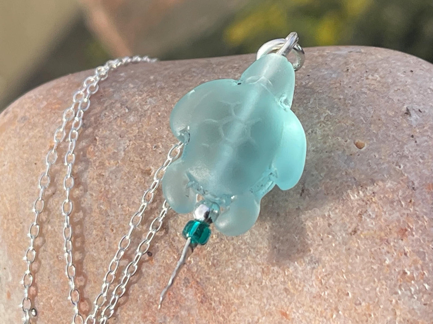 Eco friendly glass turtle necklace on a recycled sterling silver chain. Aqua turtle pendant. Eco friendly necklace, ethical jewellery.