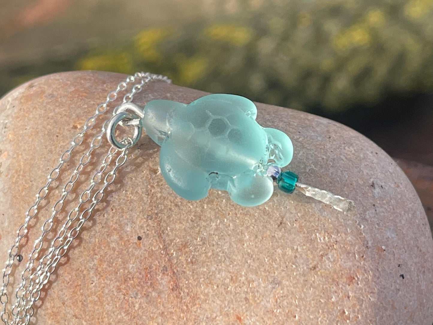 Eco friendly glass turtle necklace on a recycled sterling silver chain. Aqua turtle pendant. Eco friendly necklace, ethical jewellery.