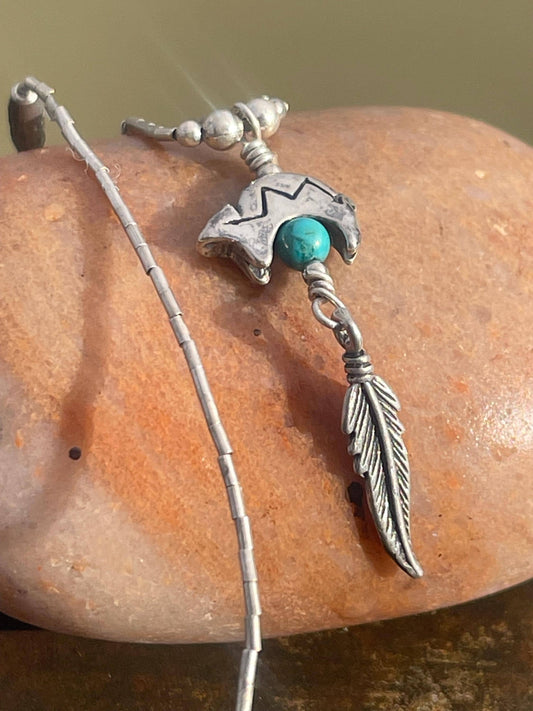 Stunning vintage Navajo bear necklace on sterling silver. Turquoise bear necklace. Navajo necklace. Eco friendly jewellery. Vintage pendant.