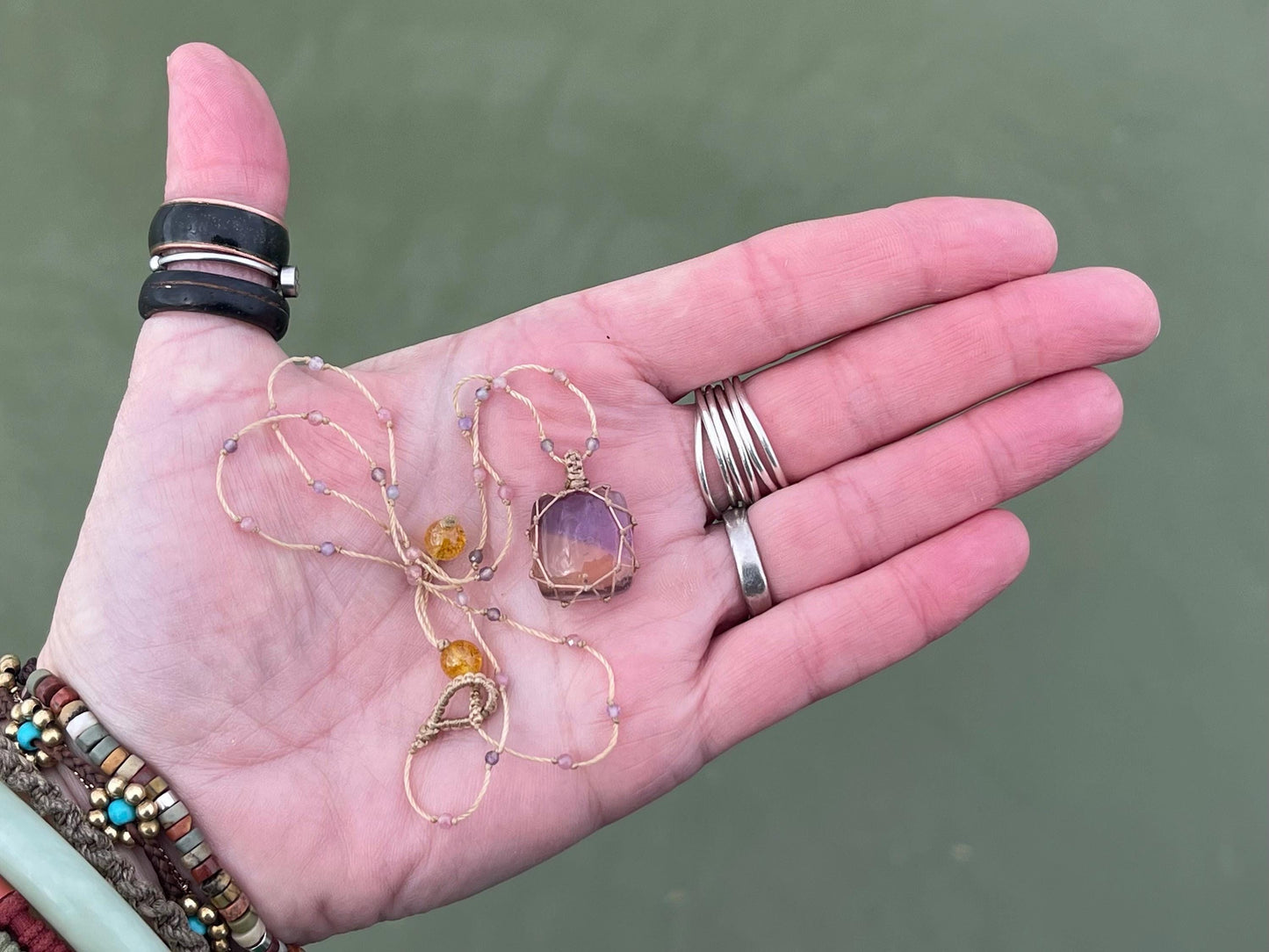 Stunning macrame violet quartz & amethyst necklace, citrine pendant. Handmade gemstone necklace, boho jewellery. Macrame jewellery. Unique