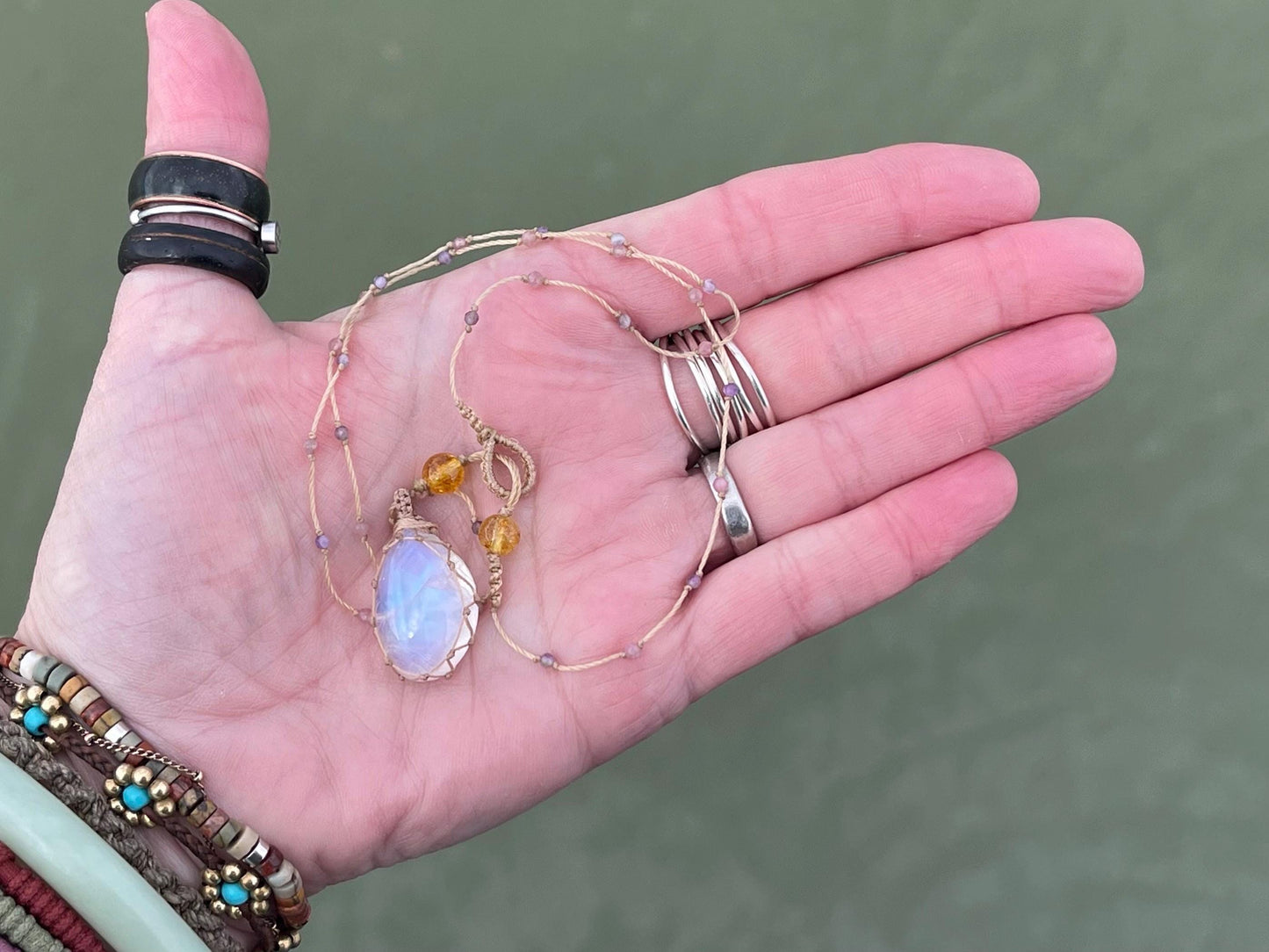 Stunning rainbow moonstone necklace, moonstone pendant, rainbow gemstone, Handmade gemstone necklace, boho gift for her. Macrame jewellery.
