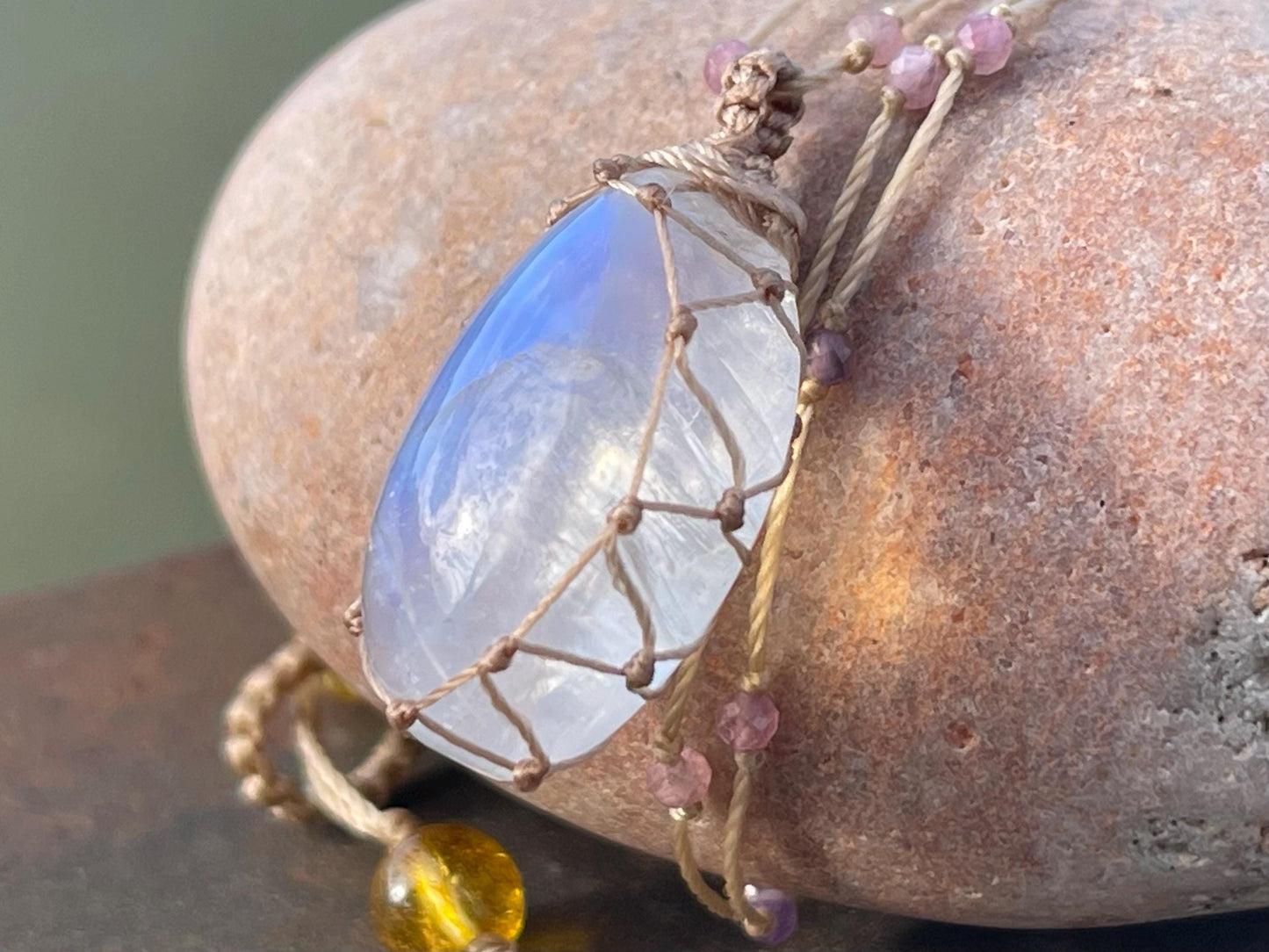 Stunning rainbow moonstone necklace, moonstone pendant, rainbow gemstone, Handmade gemstone necklace, boho gift for her. Macrame jewellery.