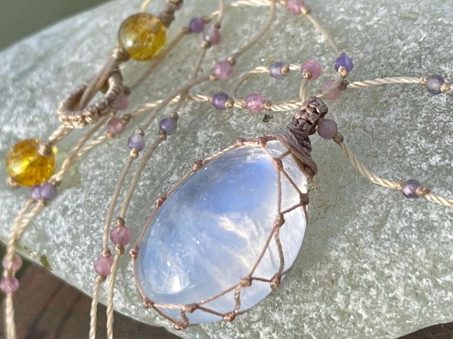 Stunning rainbow moonstone necklace, moonstone pendant, rainbow gemstone, Handmade gemstone necklace, boho gift for her. Macrame jewellery.