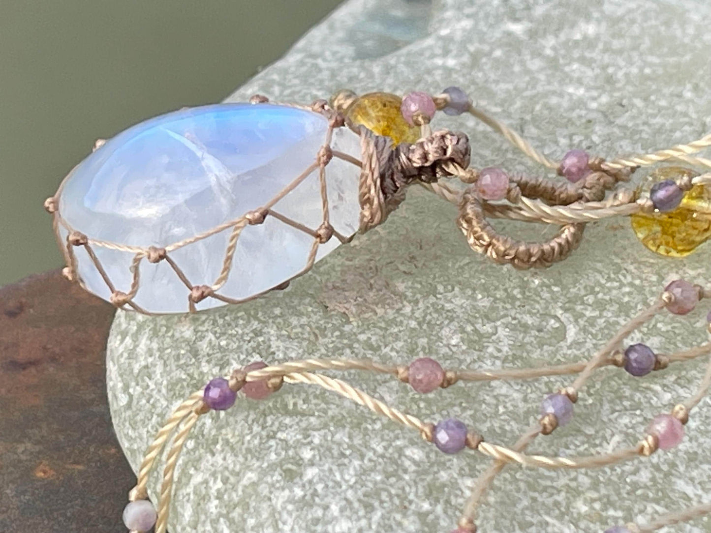 Stunning rainbow moonstone necklace, moonstone pendant, rainbow gemstone, Handmade gemstone necklace, boho gift for her. Macrame jewellery.