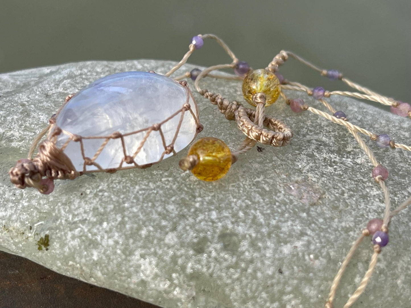 Stunning rainbow moonstone necklace, moonstone pendant, rainbow gemstone, Handmade gemstone necklace, boho gift for her. Macrame jewellery.