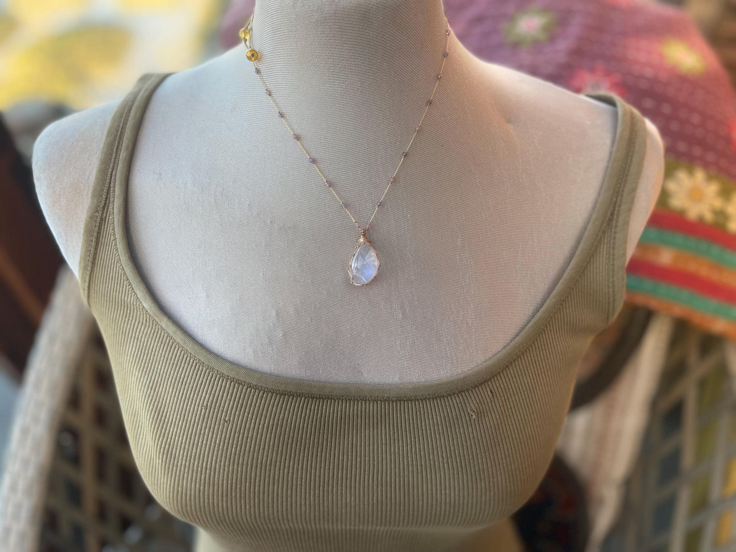 Stunning rainbow moonstone necklace, moonstone pendant, rainbow gemstone, Handmade gemstone necklace, boho gift for her. Macrame jewellery.