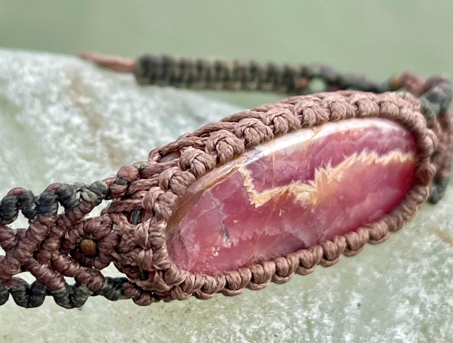 Stunning Rhodochrosite bracelet, ethical jewellery, unusual jewellery, rhodochrosite jewellery. Pink macrame bracelet. Boho jewellery.
