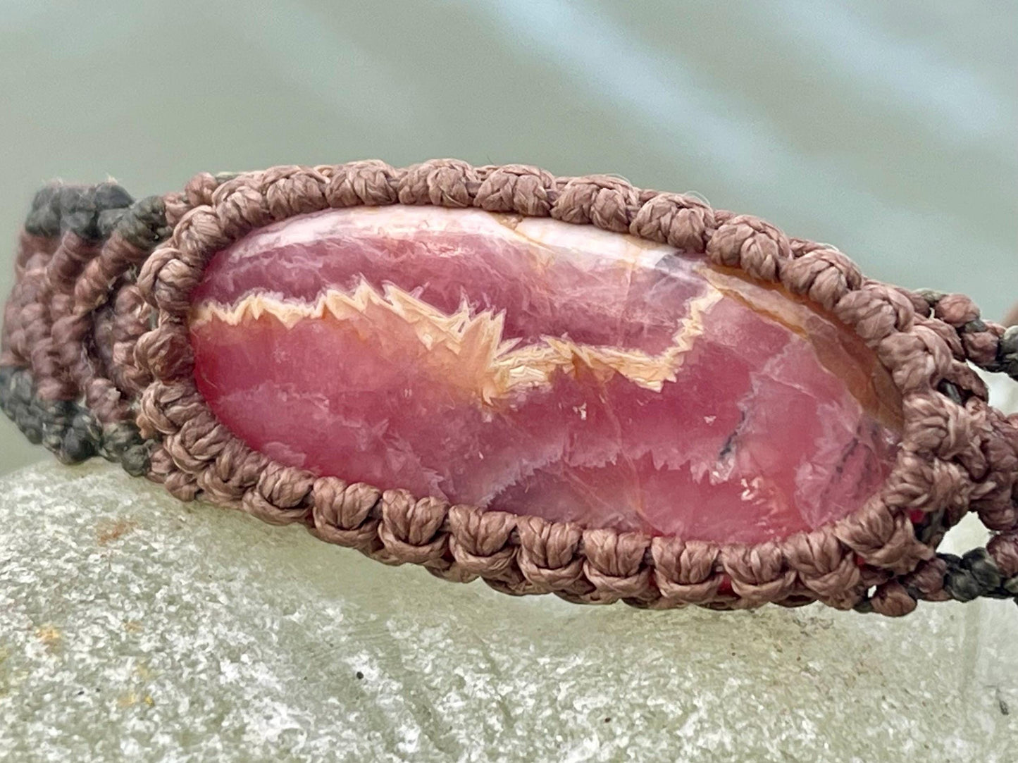 Stunning Rhodochrosite bracelet, ethical jewellery, unusual jewellery, rhodochrosite jewellery. Pink macrame bracelet. Boho jewellery.
