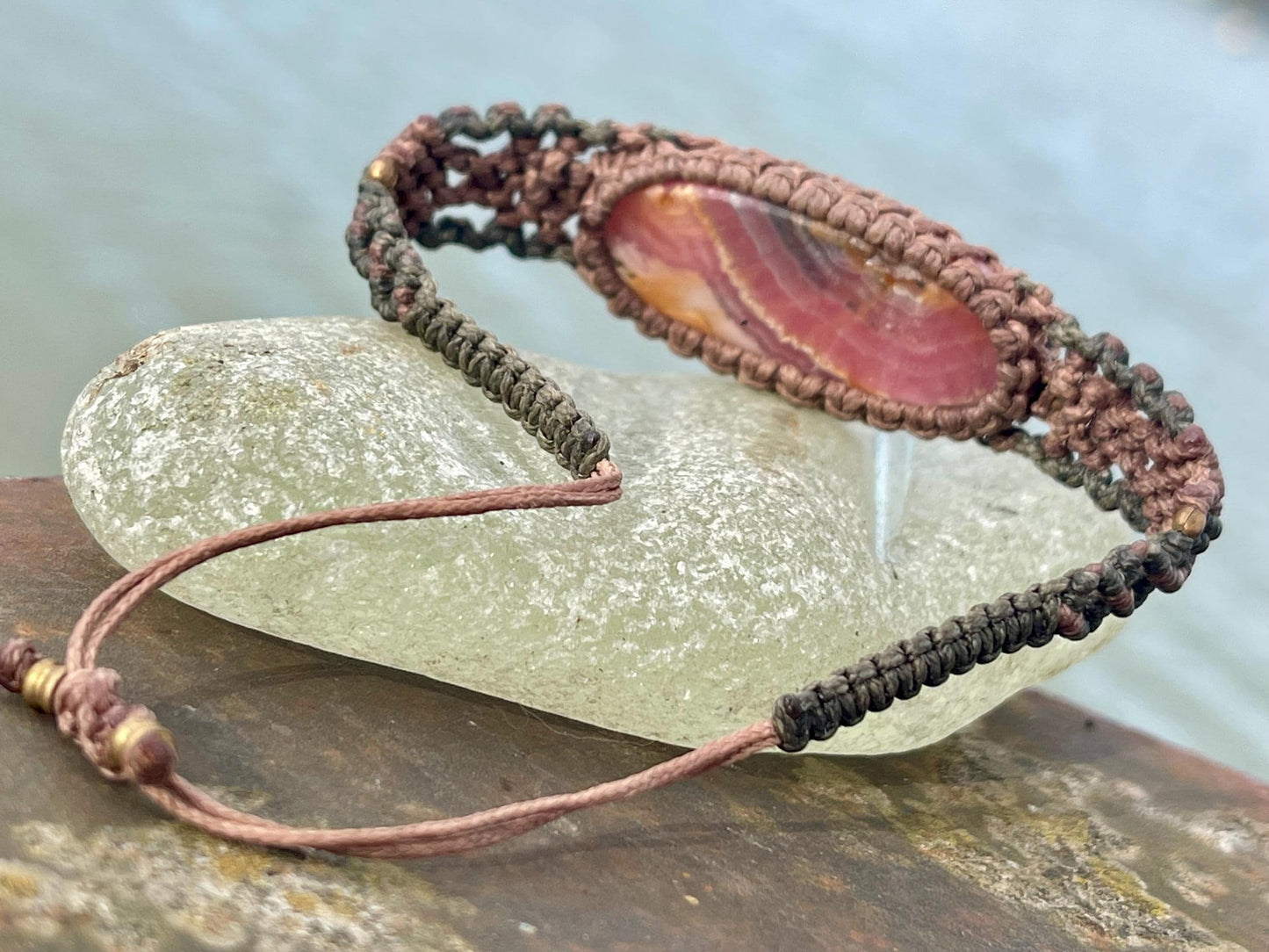 Stunning Rhodochrosite bracelet, ethical jewellery, unusual jewellery, rhodochrosite jewellery. Pink macrame bracelet. Boho jewellery.