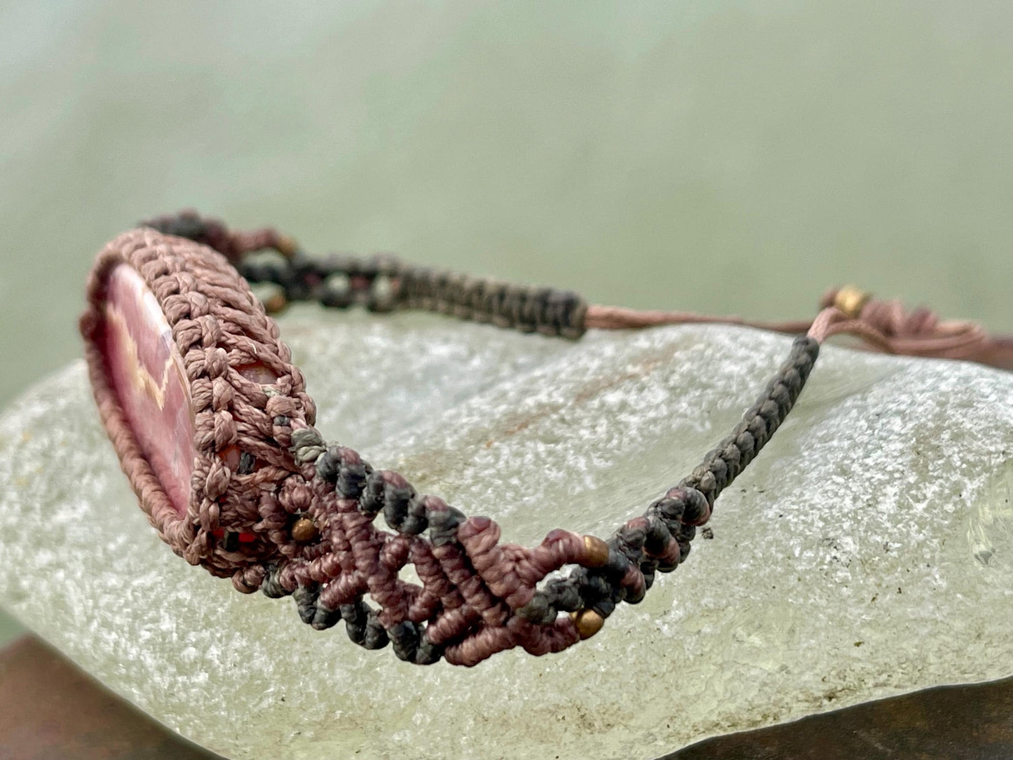 Stunning Rhodochrosite bracelet, ethical jewellery, unusual jewellery, rhodochrosite jewellery. Pink macrame bracelet. Boho jewellery.