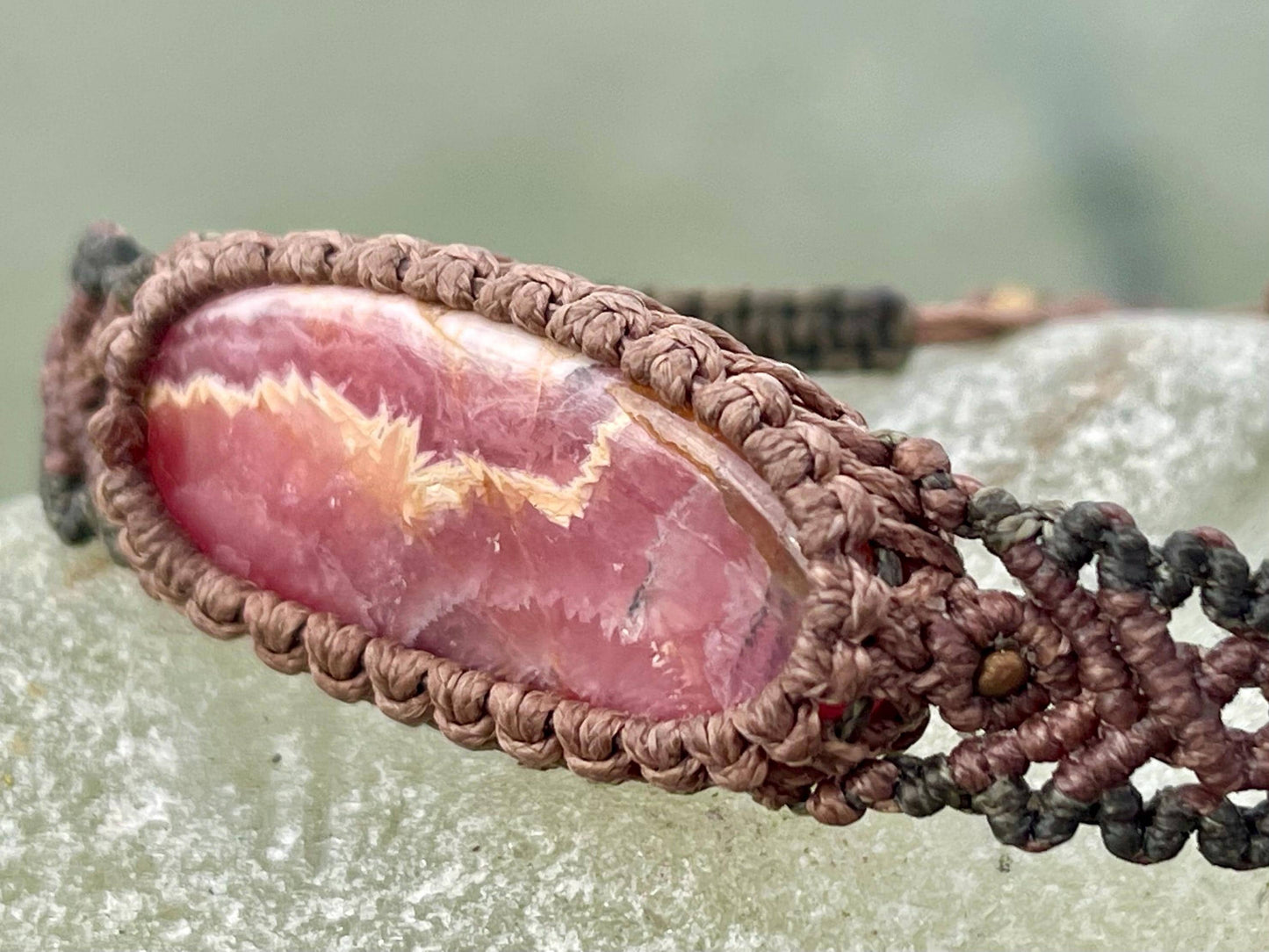 Stunning Rhodochrosite bracelet, ethical jewellery, unusual jewellery, rhodochrosite jewellery. Pink macrame bracelet. Boho jewellery.