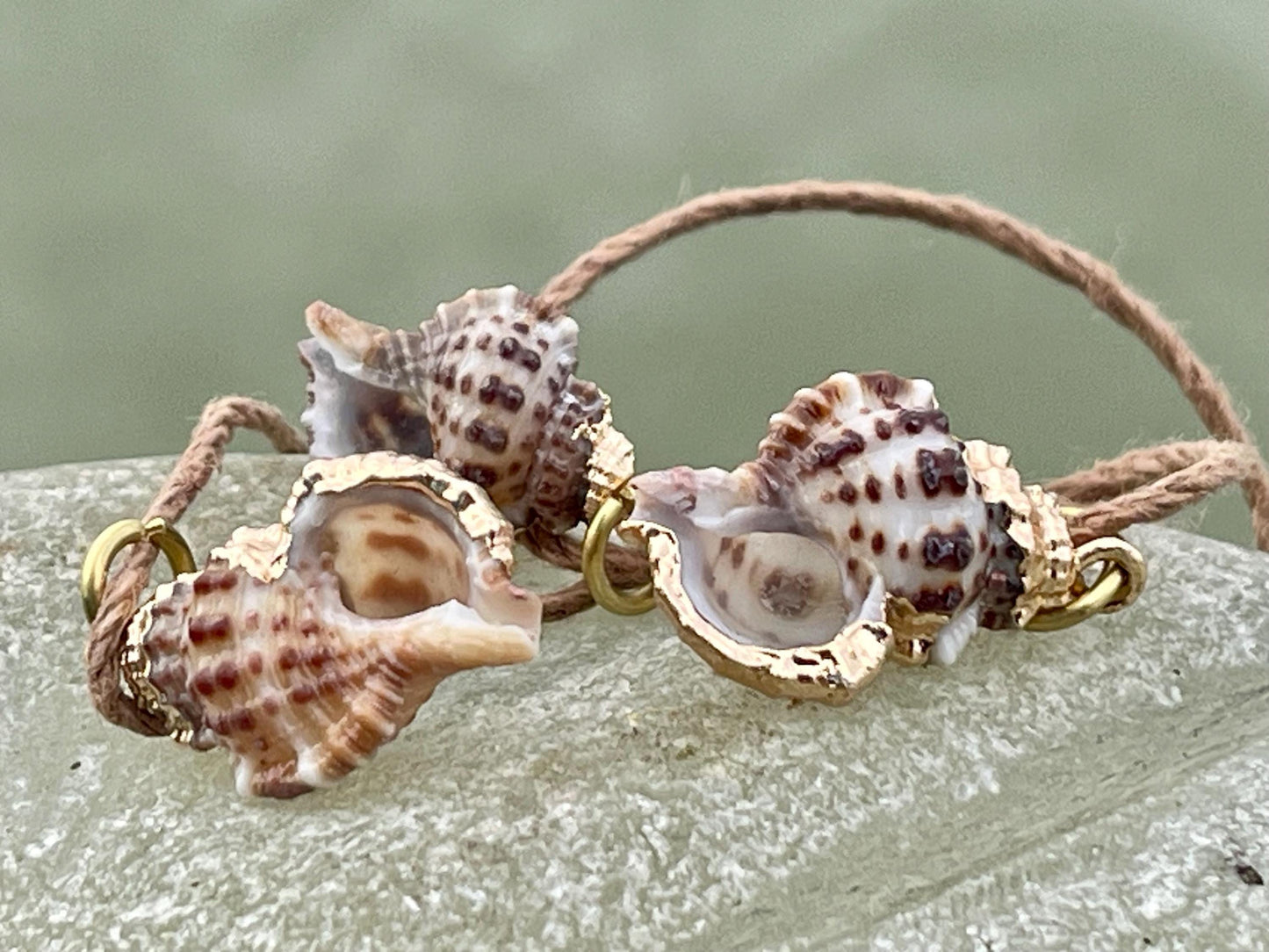 Pretty little painted gold shell necklace held on recycled brass and sustainable hemp. Shell jewellery. Boho jewellery. Eco friendly gifts.