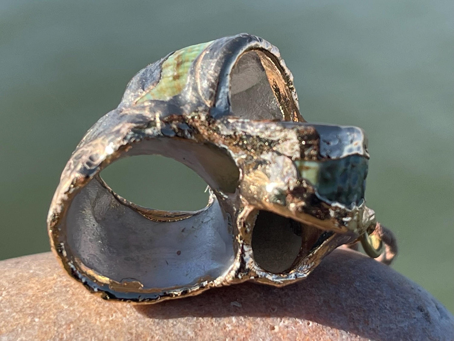 Large painted gold shell necklace held on recycled brass and sustainable hemp. Shell jewellery. Boho jewellery. Eco friendly gifts.