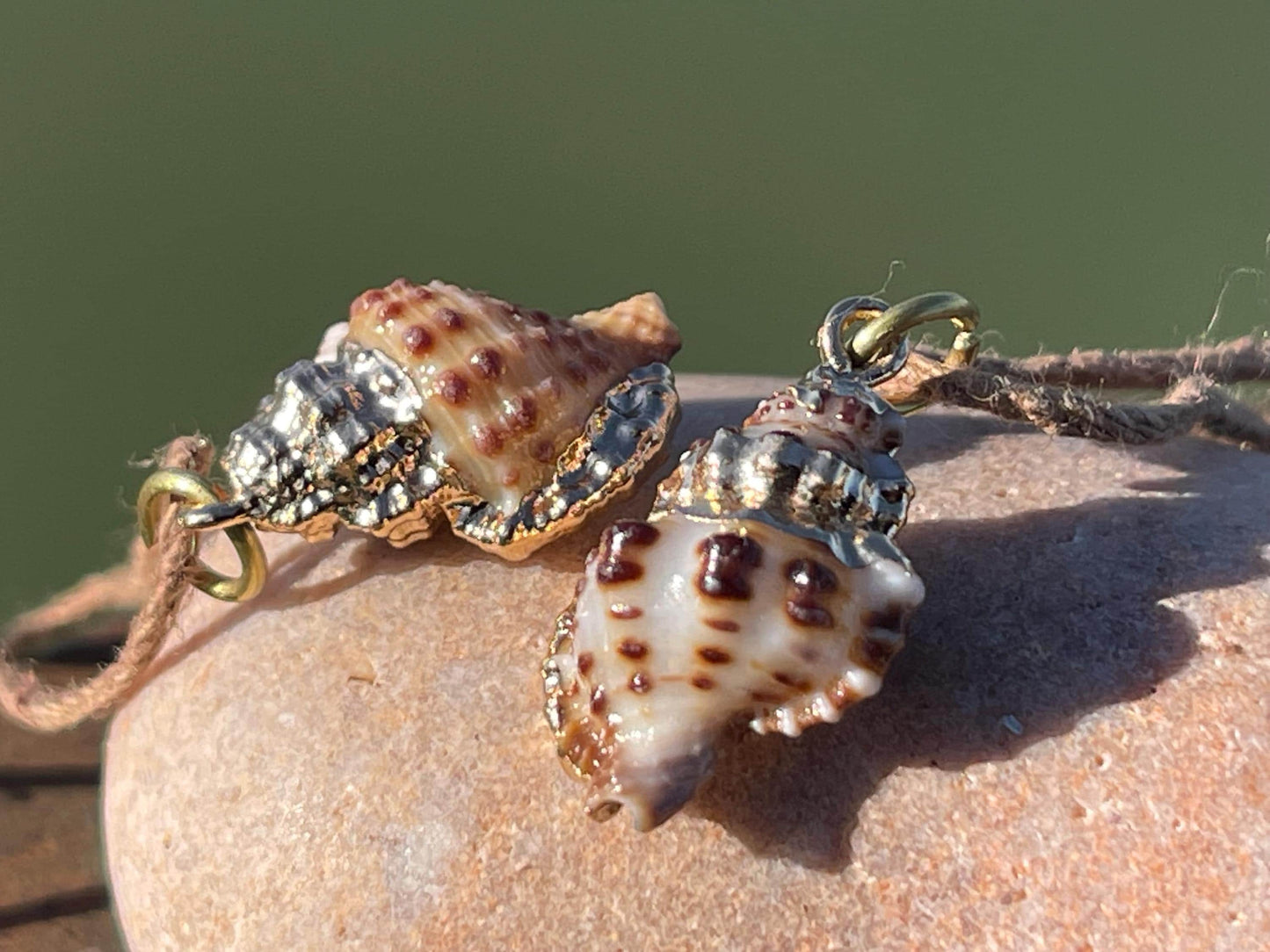 Pretty little painted gold shell necklace held on recycled brass and sustainable hemp. Shell jewellery. Boho jewellery. Eco friendly gifts.