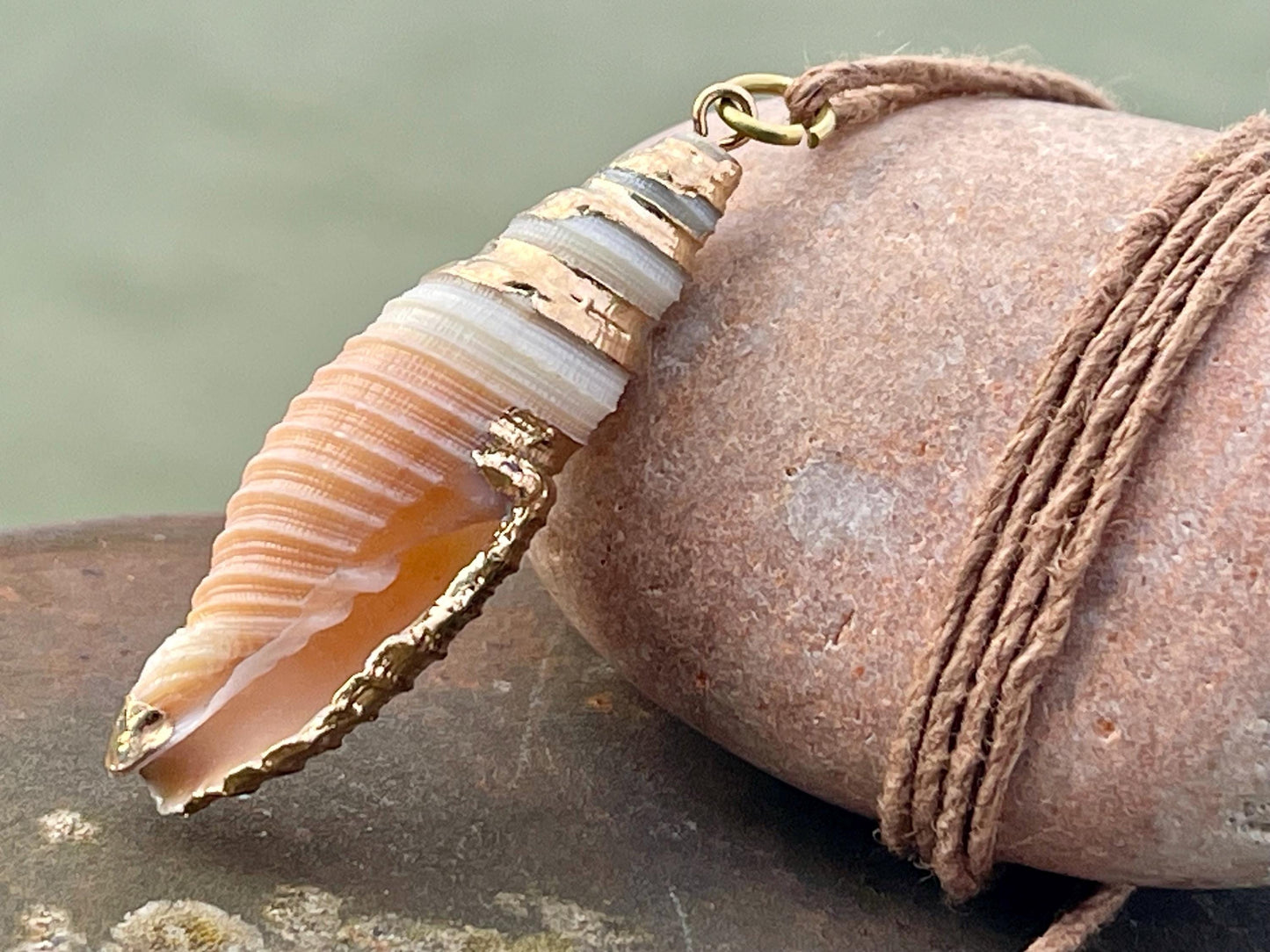 Pretty large painted gold shell necklace held on recycled brass and sustainable hemp. Shell jewellery. Boho jewellery. Eco friendly gifts.