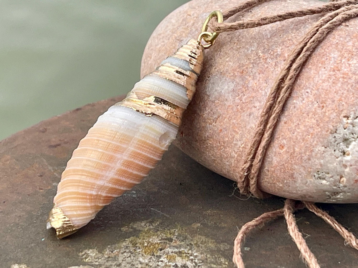 Pretty large painted gold shell necklace held on recycled brass and sustainable hemp. Shell jewellery. Boho jewellery. Eco friendly gifts.