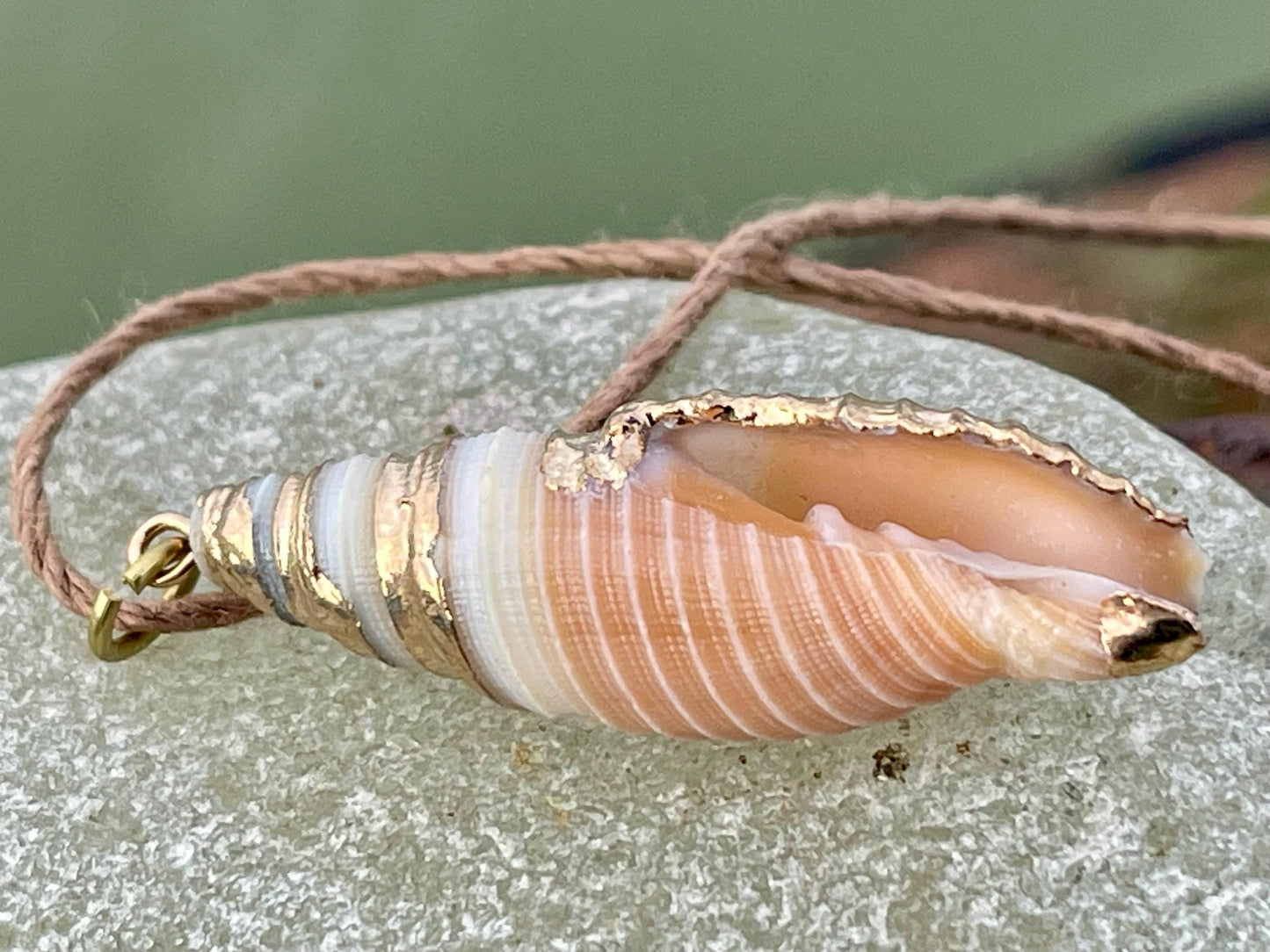 Pretty large painted gold shell necklace held on recycled brass and sustainable hemp. Shell jewellery. Boho jewellery. Eco friendly gifts.