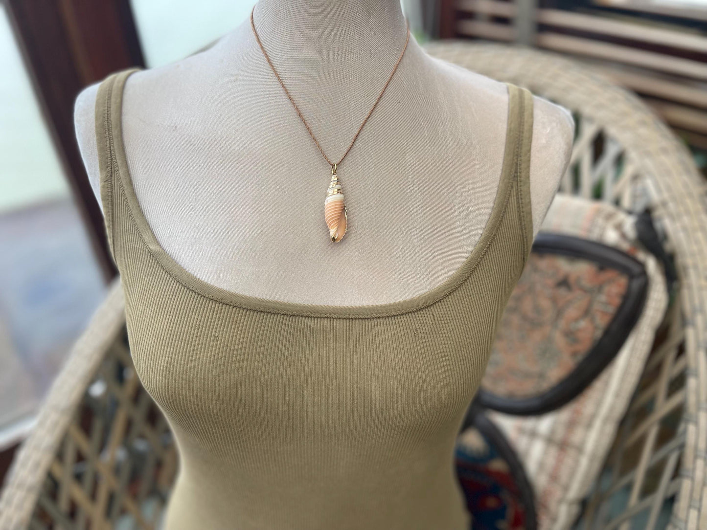 Pretty large painted gold shell necklace held on recycled brass and sustainable hemp. Shell jewellery. Boho jewellery. Eco friendly gifts.