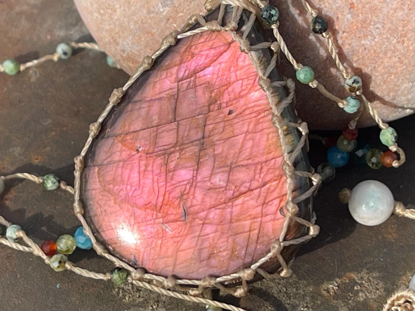 Stunning pink labradorite necklace, ethical jewellery, boho necklace, boho jewellery, labradorite pendant, gemstone necklace. Boho jewellery