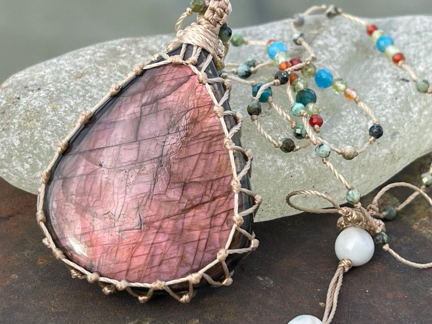 Stunning pink labradorite necklace, ethical jewellery, boho necklace, boho jewellery, labradorite pendant, gemstone necklace. Boho jewellery